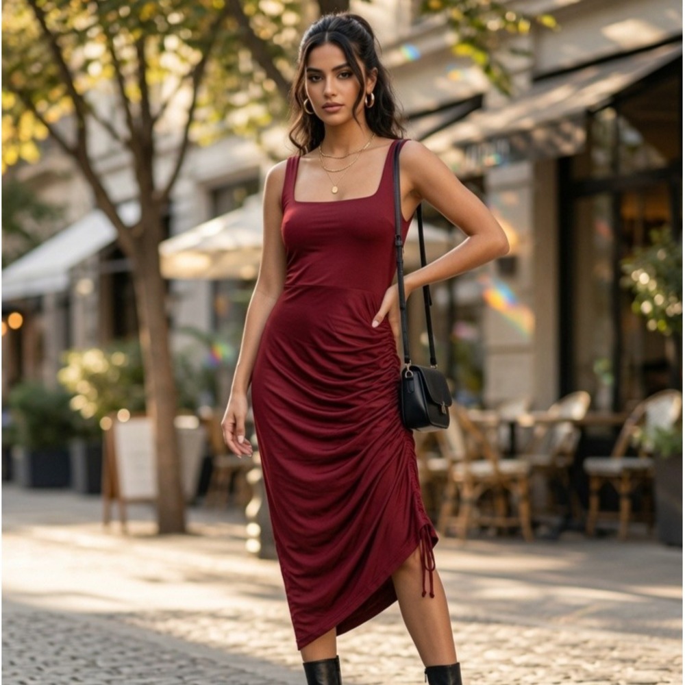 Free People Intimately All Night Slip Dress Size M Burgundy Ruched Midi Bodycon